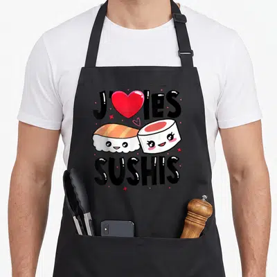 Tablier de cuisine noir avec deux sushis aux visages souriants et le texte J love les Sushis en lettres noires épaisses.