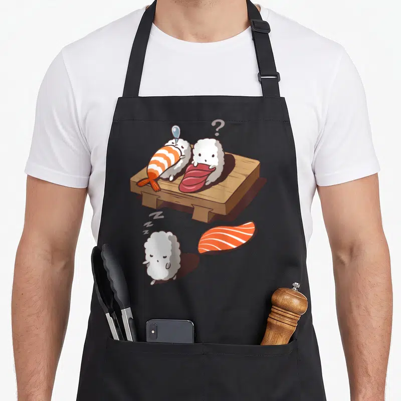 Tablier de cuisine noir avec illustration d'un sushi somnambule laissant son compagnon étonné sur une planche en bois.