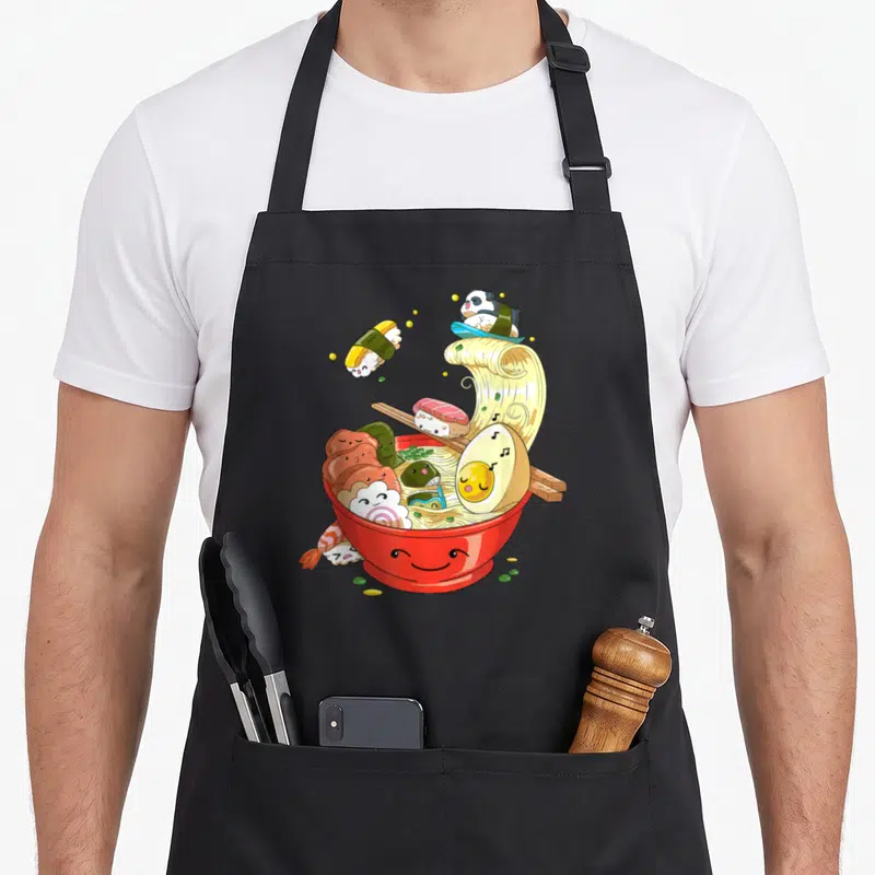Tablier de cuisine noir avec illustration colorée d'un bol de ramen souriant, de sushis kawaii et d'un panda sur les noodles.