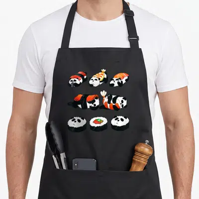 Tablier de cuisine noir avec cinq pandas stylisés en sushis maki et nigiri aux couleurs vives.