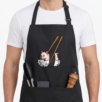 Tablier de cuisine noir avec illustration d'un cochon nain transformé en rouleau de sushi sous des baguettes.