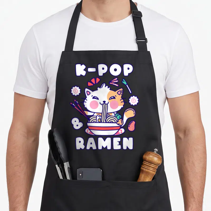 Tablier de cuisine noir avec un chat blanc et orange mangeant des nouilles dans un bol rouge et blanc entouré de chopsticks et de motifs décoratifs.