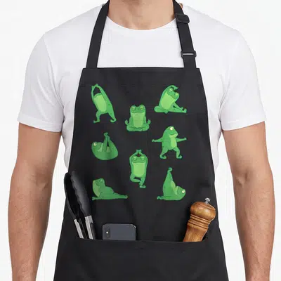 Tablier de cuisine noir avec neuf grenouilles vertes effectuant des étirements et du yoga.
