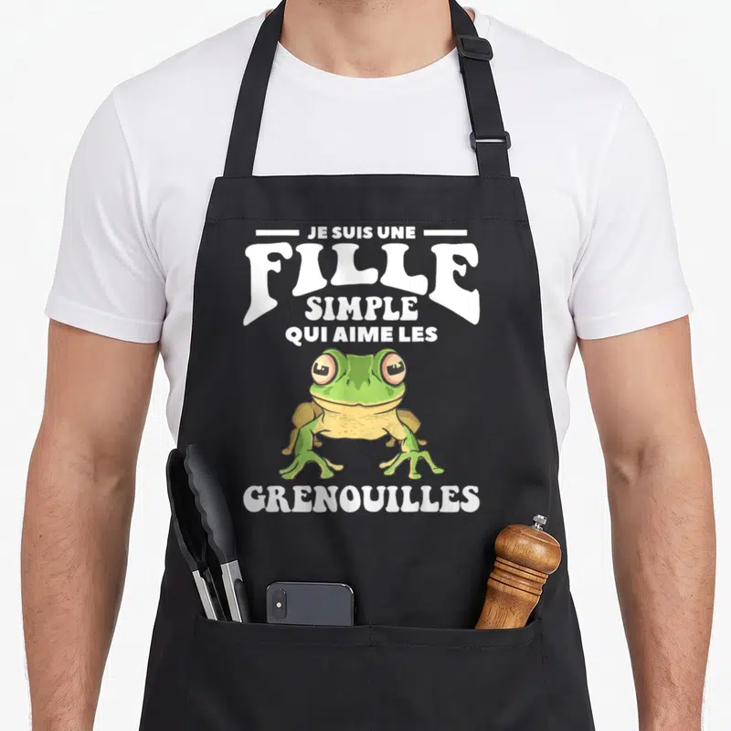 Tablier de cuisine noir avec illustration d'une grenouille verte et texte blanc Je Suis Une Fille Simple Qui Aime Les Grenouilles
