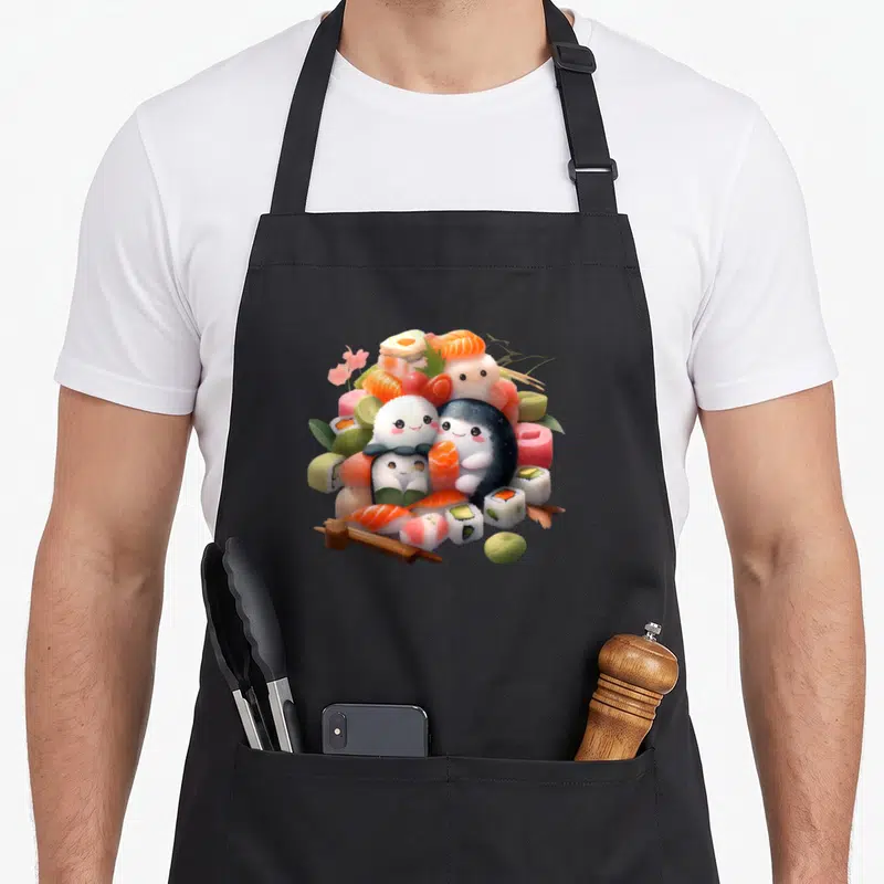 Tablier de cuisine noir avec une illustration colorée de sushis mignons au design kawaii et des baguettes en bois.