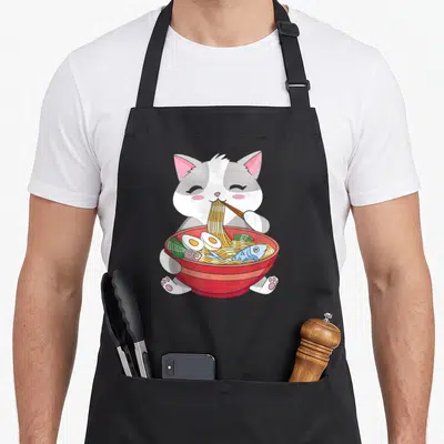 Tablier de cuisine noir avec illustration d'un chat mangeant des nouilles ramen dans un bol rouge.