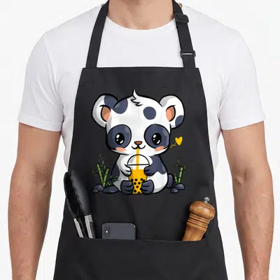 Tablier de cuisine noir avec un panda kawaii tenant une boisson boba bubble tea surrounded de bambou.