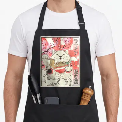 Tablier de cuisine noir avec un chat Maneki Neko mangeant du ramen sous des branches de sakura en style vintage.