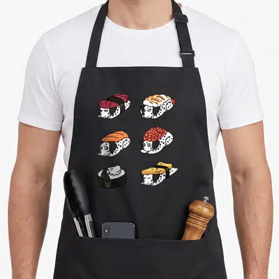 Tablier de cuisine noir avec six illustrations de chiens dalmatiens déguisés en sushis colorés.