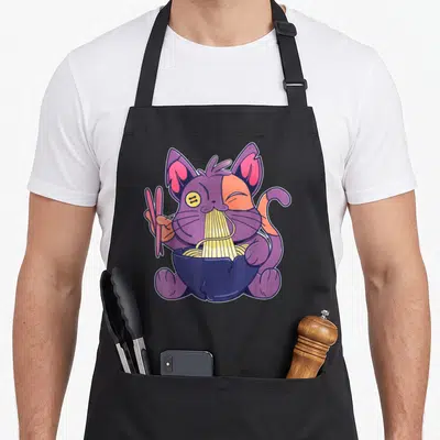 Tablier de cuisine noir avec illustration d'un chat violet mangeant des nouilles ramen avec des baguettes roses dans un bol bleu.