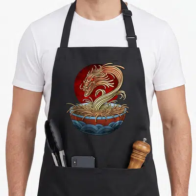 Tablier de cuisine noir avec illustration d'un dragon sortant d'un bol de ramen aux nouilles dorées sur fond rouge.