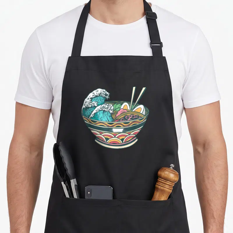 Tablier de cuisine noir avec illustration d'un bol de ramen contenant une grande vague stylisée et des baguettes.