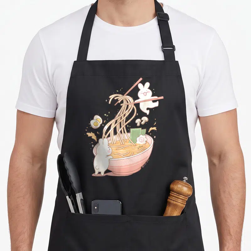 Tablier de cuisine noir avec un lapin blanc tenant des baguettes au-dessus d'un bol de ramen rose