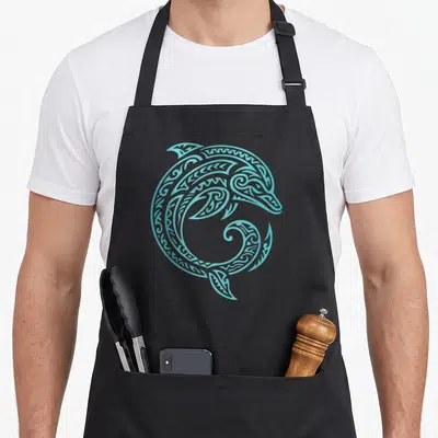 Tablier de cuisine noir avec un dauphin stylisé en tatouage tribal turquoise formant un cercle.