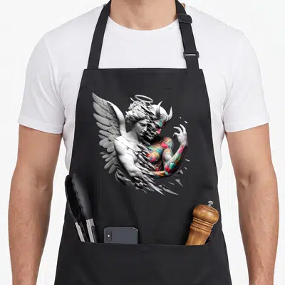 Tablier de cuisine noir avec une illustration d'ange et de démon en style tatouage couleur et sculpture blanche.