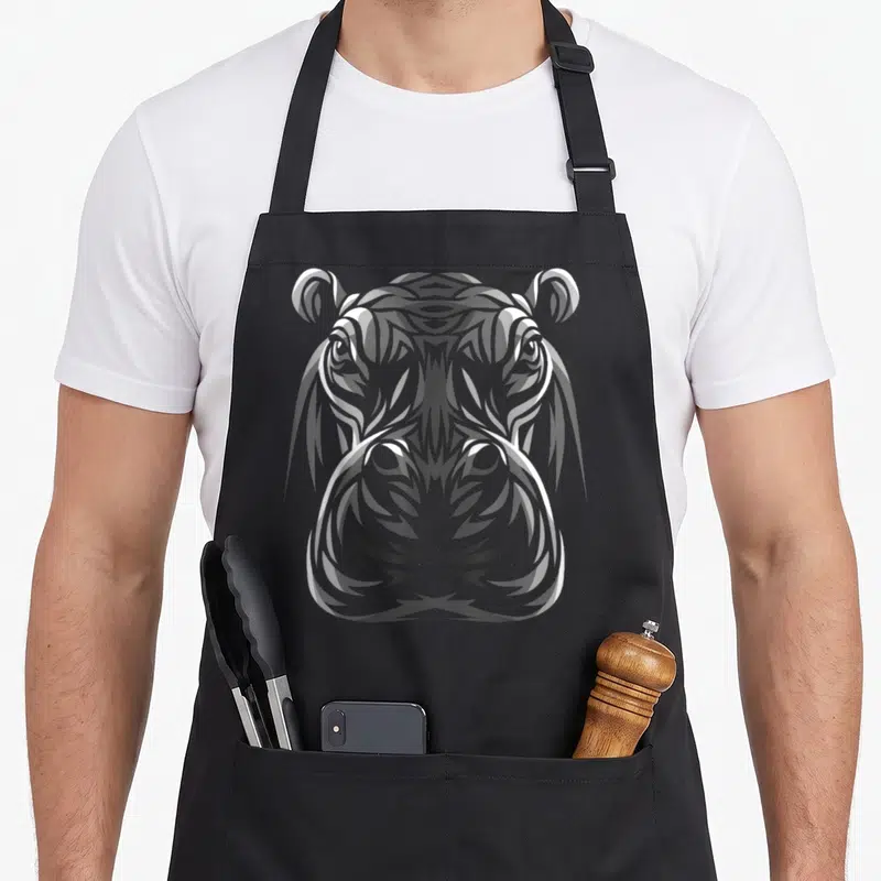 Tablier de cuisine noir orné d'un grand visage d'hippopotame dessiné dans un style tribal géométrique et symétrique.