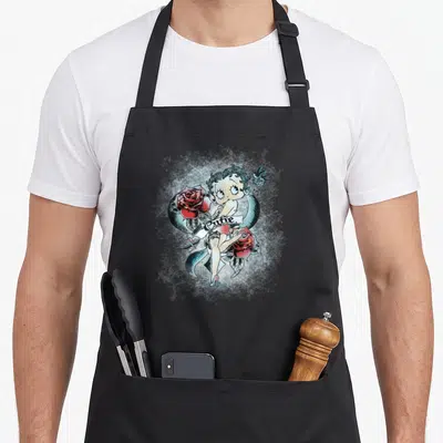 Tablier de cuisine noir avec illustration Betty Boop roses et texte Cutie style tatouage vintage