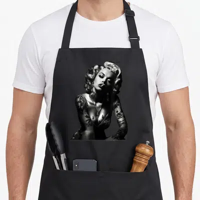 Tablier de cuisine noir avec illustration monochrome d'une femme aux cheveux bouclés et des tatouages sur les bras.