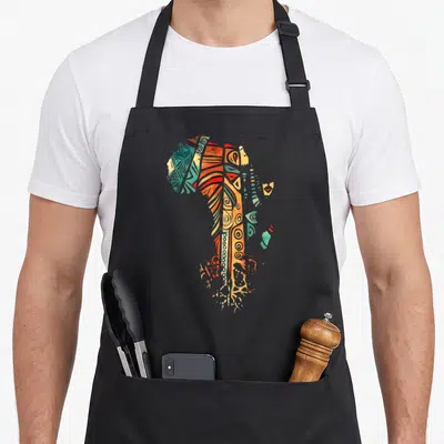 Tablier de cuisine noir avec carte d'Afrique stylisée en motifs tribaux multicolores orange et turquoise.