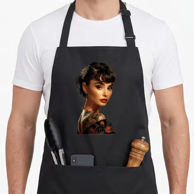 Tablier de cuisine noir avec une femme aux cheveux en chignon et des tatouages floraux sur l'épaule dans un style vintage.