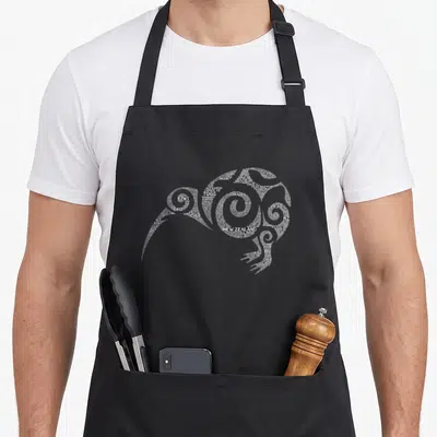 Tablier de cuisine noir avec silhouette de kiwi constituée de mots maoris et néo-zélandais en typographie tribale grise.