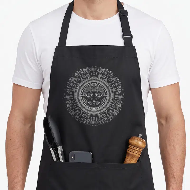 Tablier de cuisine noir avec un grand soleil aztèque tribal blanc imprimé au centre