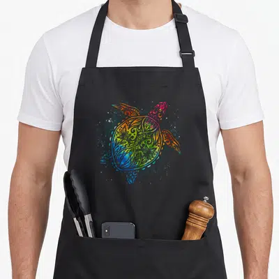 Tablier de cuisine noir avec une tortue aux motifs tribaux colorés style tatouage maori polynésien