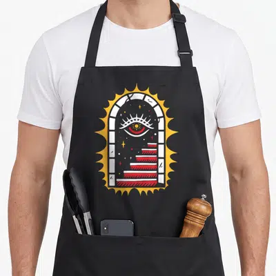 Tablier de cuisine noir avec illustration escalier œil et encre style old school tatouage.