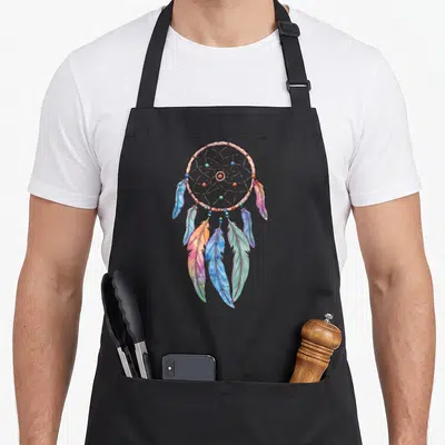 Tablier de cuisine noir avec un attrape-rêves bohème aux plumes multicolores et perles tribales.