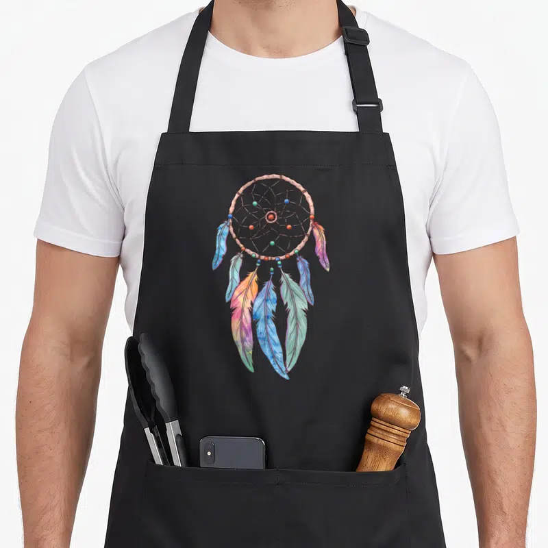 Tablier de cuisine noir avec un attrape-rêves bohème aux plumes multicolores et perles tribales.