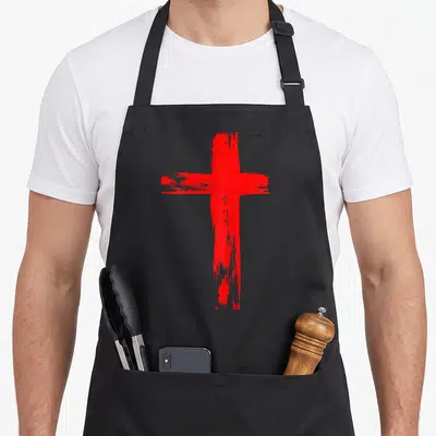 Tablier de cuisine noir avec une croix rouge tracée au pinceau au centre du torse.