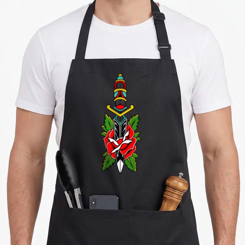 Tablier de cuisine noir avec illustration dague et rose rouge style old school tatouage américain traditionnel.