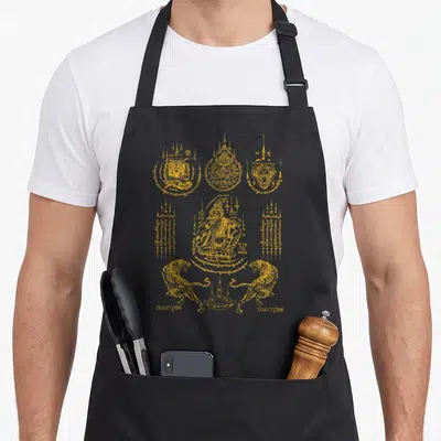 Tablier de cuisine noir avec illustrations dorées sak yant tigres et divinités thaïes.