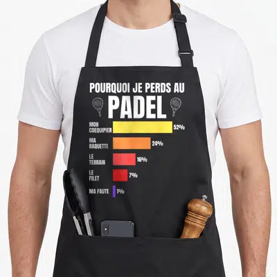Tablier de cuisine noir avec un diagramme en barres coloré sur les raisons de perdre au padel