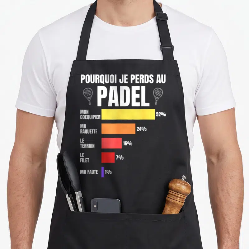 Tablier de cuisine noir avec un diagramme en barres coloré sur les raisons de perdre au padel