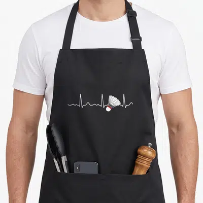 Tablier de cuisine noir avec ligne blanche de rythme cardiaque intégrant un volant de badminton au centre du dessin.