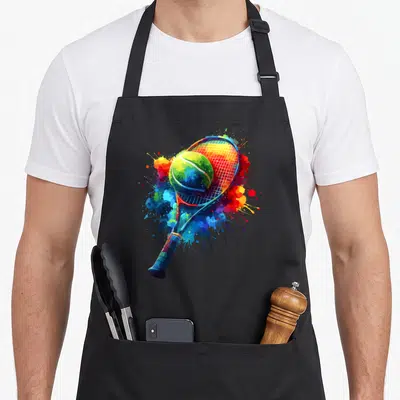 Tablier de cuisine noir avec une raquette de tennis et une balle en éclats de peinture colorée.