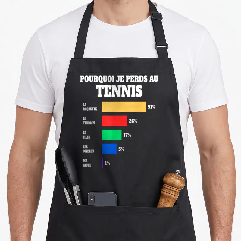 Tablier de cuisine noir avec graphique coloré expliquant les causes des défaites au tennis par barres horizontales.