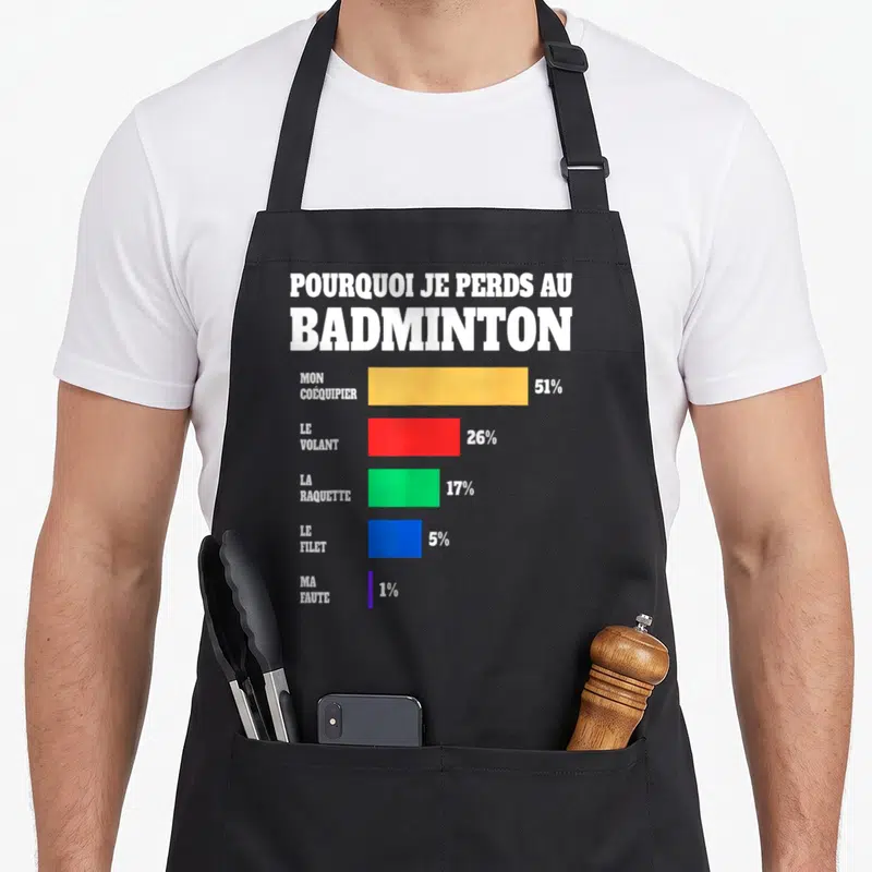 Tablier de cuisine noir avec un diagramme en barres colorées expliquant les causes de la défaite au badminton par le texte blanc.