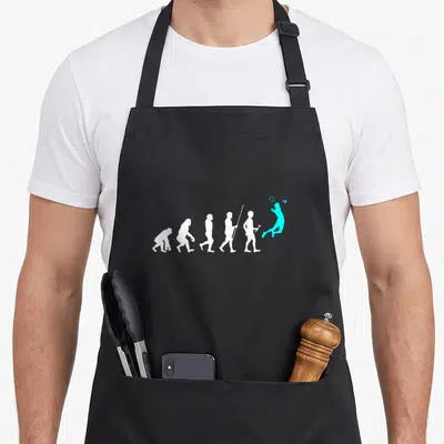 Tablier de cuisine noir avec silhouette évolutive blanche et joueur de badminton bleu cyan en action.