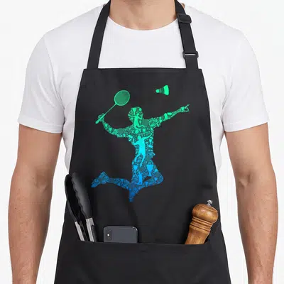 Tablier de cuisine noir avec silhouette gradient bleu turquoise d'un joueur de badminton en action et un volant.