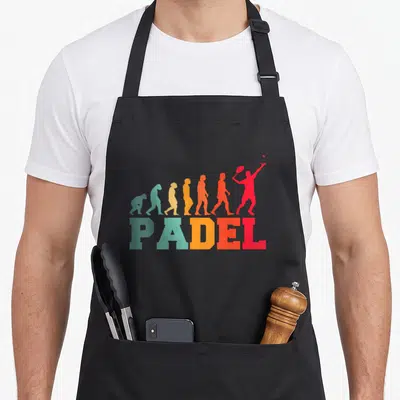 Tablier de cuisine noir avec silhouette évolutive couleur et mot Padel imprimé en bas.