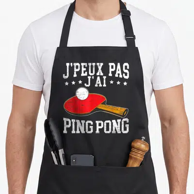 Tablier de cuisine noir avec inscription Je peux pas j'ai ping pong et raquette rouge vintage