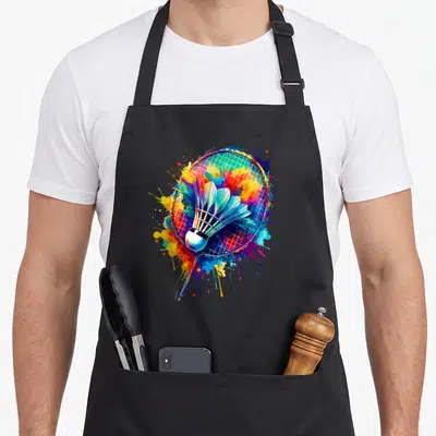 Tablier de cuisine noir avec illustration colorée d'un volant de badminton et d'une raquette en style éclaboussure de peinture.