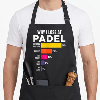 Tablier de cuisine noir avec un graphique coloréWhy I Lose at Padel Tennis et des pourcentages amusants.
