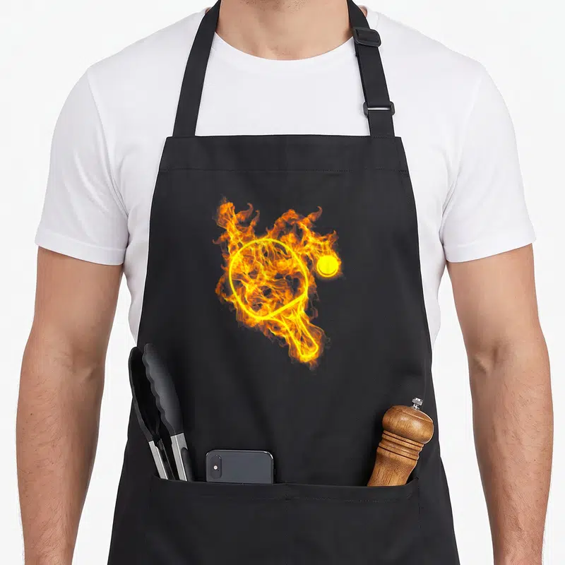 Tablier de cuisine noir avec une raquette de ping-pong enflammée et une balle jaune vif au centre.