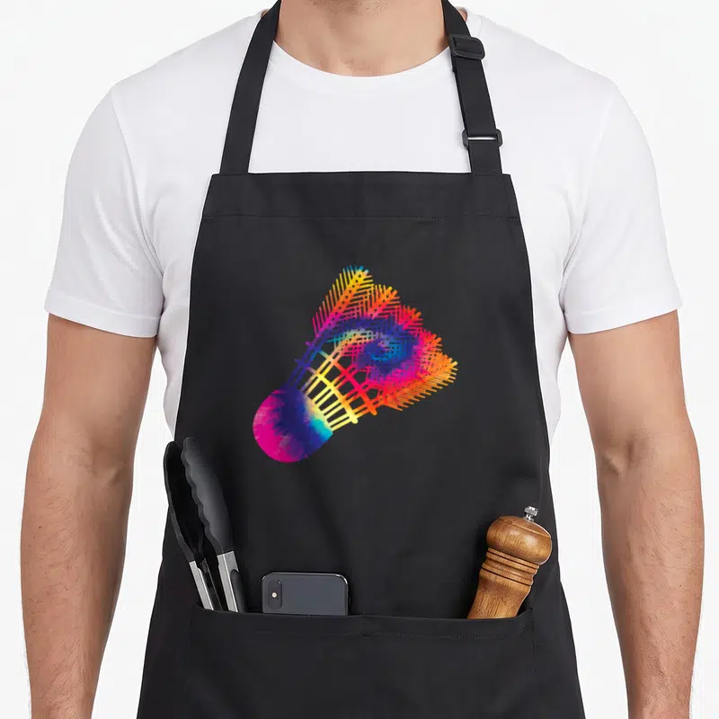 Tablier de cuisine noir avec un shuttle de badminton aux couleurs vives style tie dye