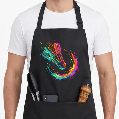 Tablier de cuisine noir avec une illustration de volée de badminton aux couleurs vives et aux traînées de peinture dynamique.