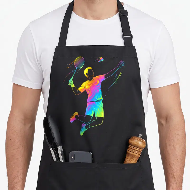 Tablier de cuisine noir avec joueur de badminton multicolore sautant avec une raquette et un volants.
