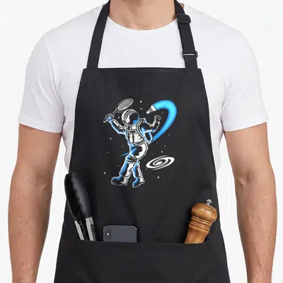 Tablier de cuisine noir avec illustration d'un astronaute jouant au badminton dans l'espace.
